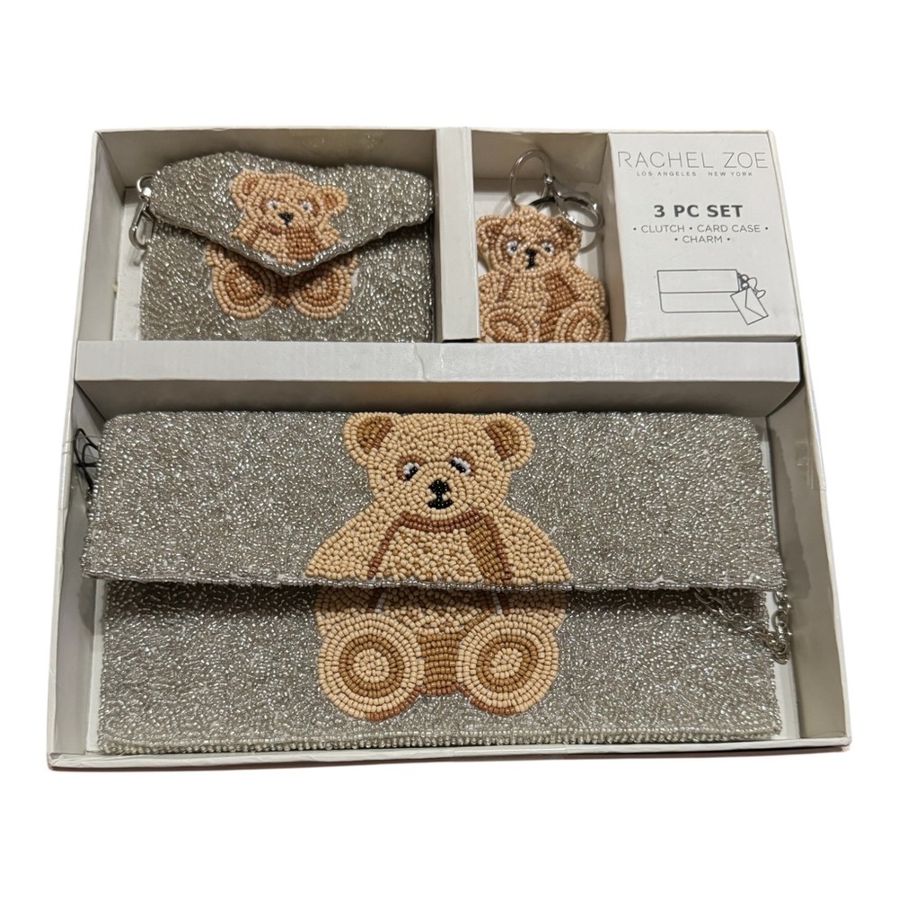 Rachel Zoe Beaded Teddy Bear Clutch Set Card Case Charm Silver NWT